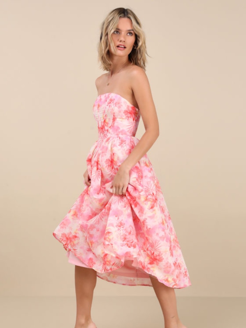 Lulus Eulalia Pink Floral Lace-up Strapless Bustier Midi Dress - Size M